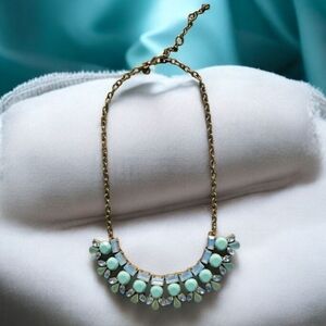 J. CREW Teal Yellow Gold Tone Multi Rhinestone & Turquoise Statement Nec…